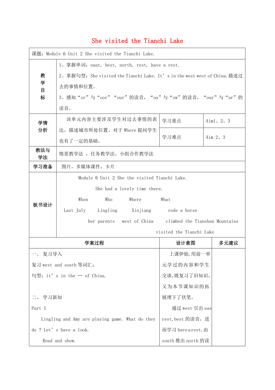 六年級(jí)英語(yǔ)下冊(cè) Module 6 Unit 2《She visited the Tianchi Lake》教案 外研版_第1頁(yè)