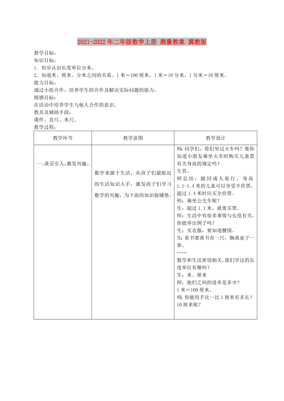 2021-2022年二年級數(shù)學上冊 測量教案 冀教版_第1頁