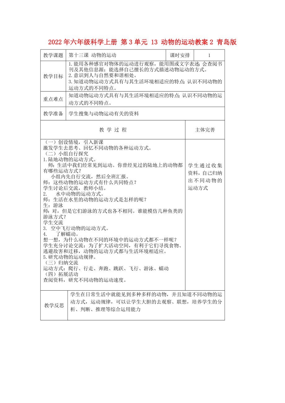 2022年六年級科學(xué)上冊 第3單元 13 動物的運(yùn)動教案2 青島版_第1頁