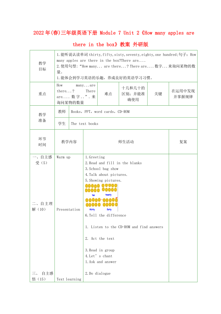 2022年(春)三年級英語下冊 Module 7 Unit 2《How many apples are there in the box》教案 外研版_第1頁