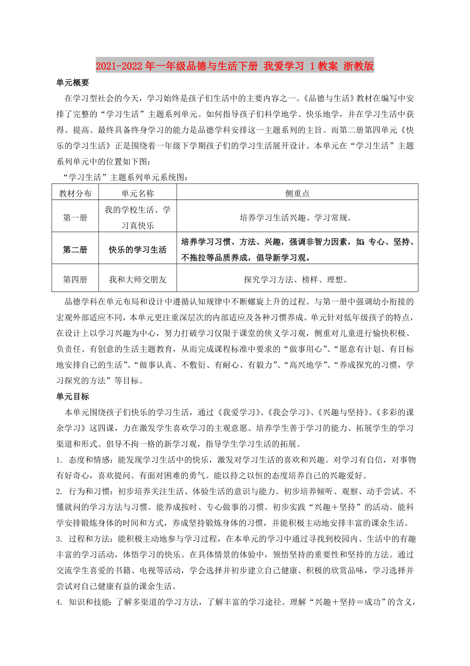 2021-2022年一年級品德與生活下冊 我愛學(xué)習(xí) 1教案 浙教版_第1頁