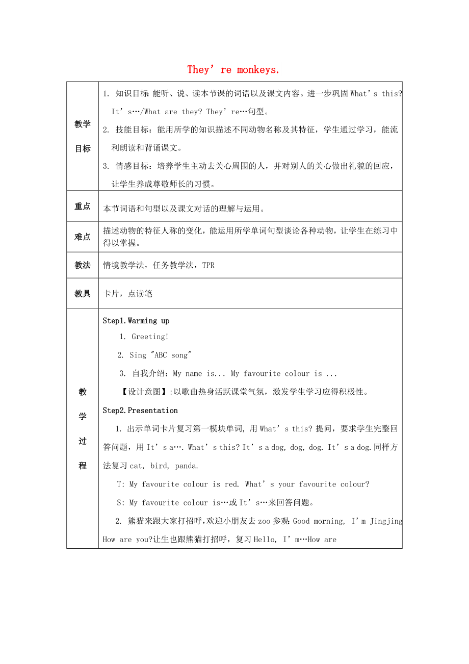 三年級英語下冊 Module 2 Unit 1《They’re monkeys》教案 外研版_第1頁