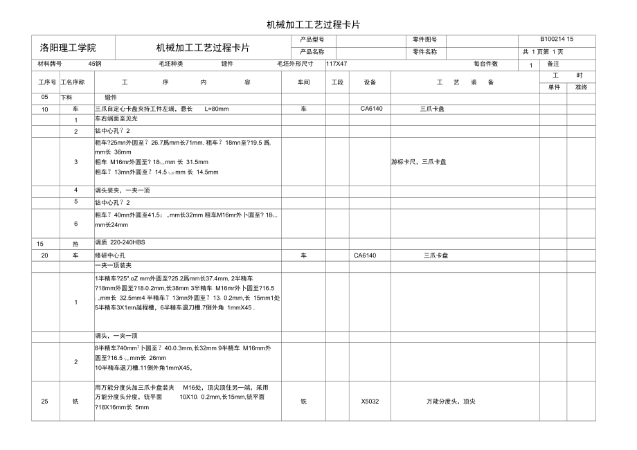 机械加工工序卡片+机械加工工艺过程卡片_第1页