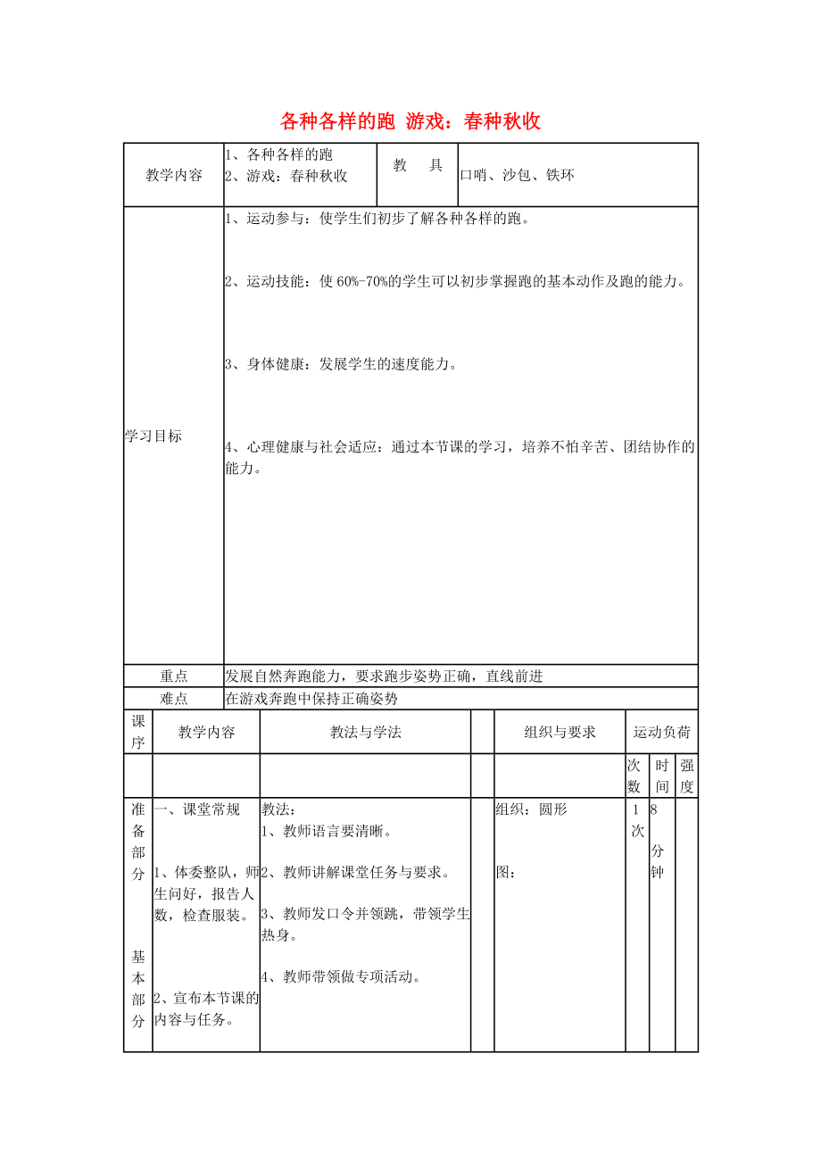 二年級體育下冊 各種各樣的跑 春種秋收教案_第1頁