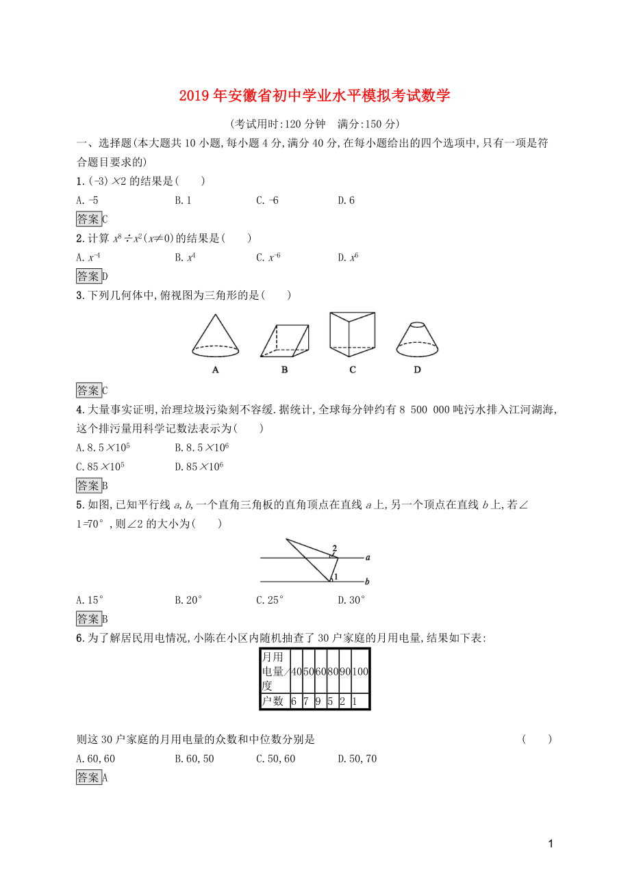 （課標(biāo)通用）安徽省2019年中考數(shù)學(xué)總復(fù)習(xí) 學(xué)業(yè)水平模擬考試試題_第1頁