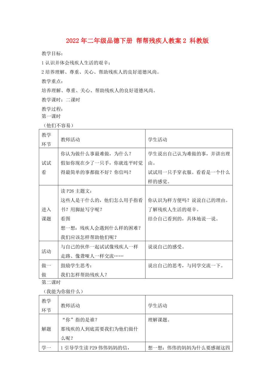 2022年二年級(jí)品德下冊(cè) 幫幫殘疾人教案2 科教版_第1頁