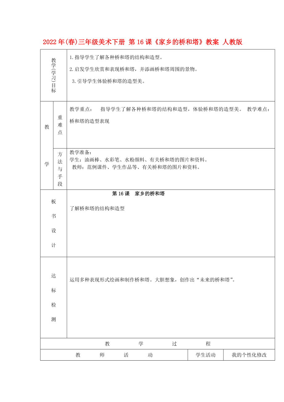 2022年(春)三年級(jí)美術(shù)下冊(cè) 第16課《家鄉(xiāng)的橋和塔》教案 人教版_第1頁(yè)