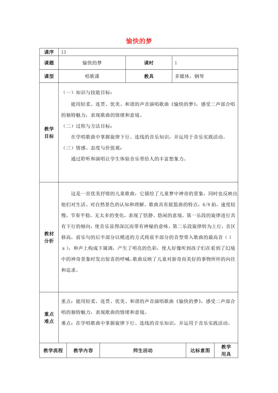 2022秋四年級音樂上冊 第六單元《愉快的夢》教案 新人教版_第1頁