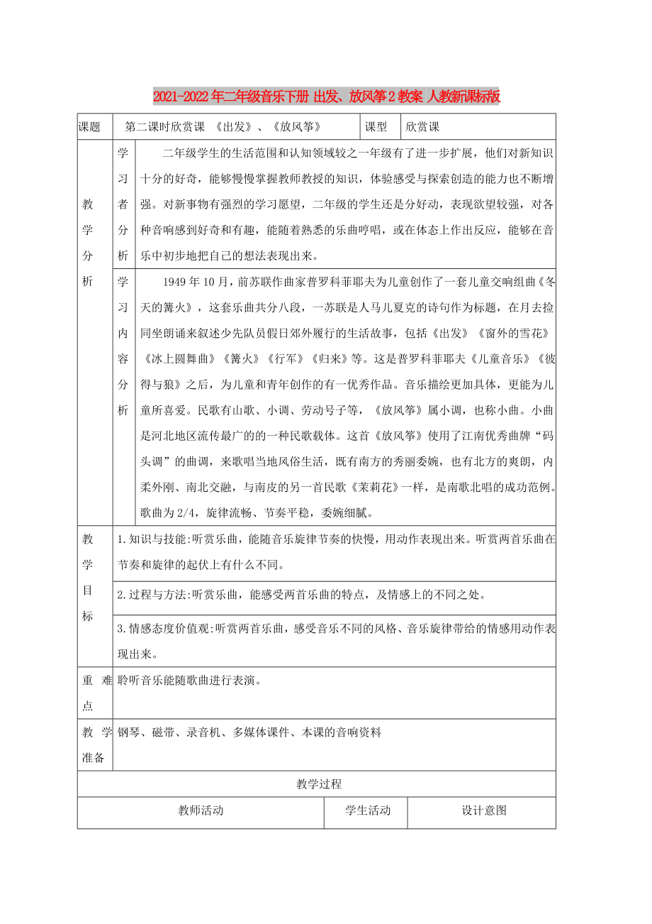 2021-2022年二年級(jí)音樂(lè)下冊(cè) 出發(fā)、放風(fēng)箏2教案 人教新課標(biāo)版_第1頁(yè)