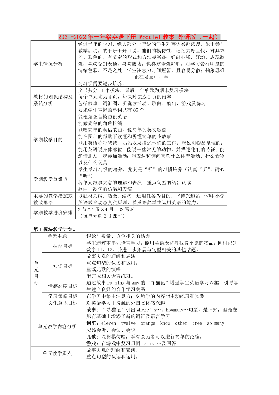 2021-2022年一年级英语下册 Module1教案 外研版（一起）_第1页