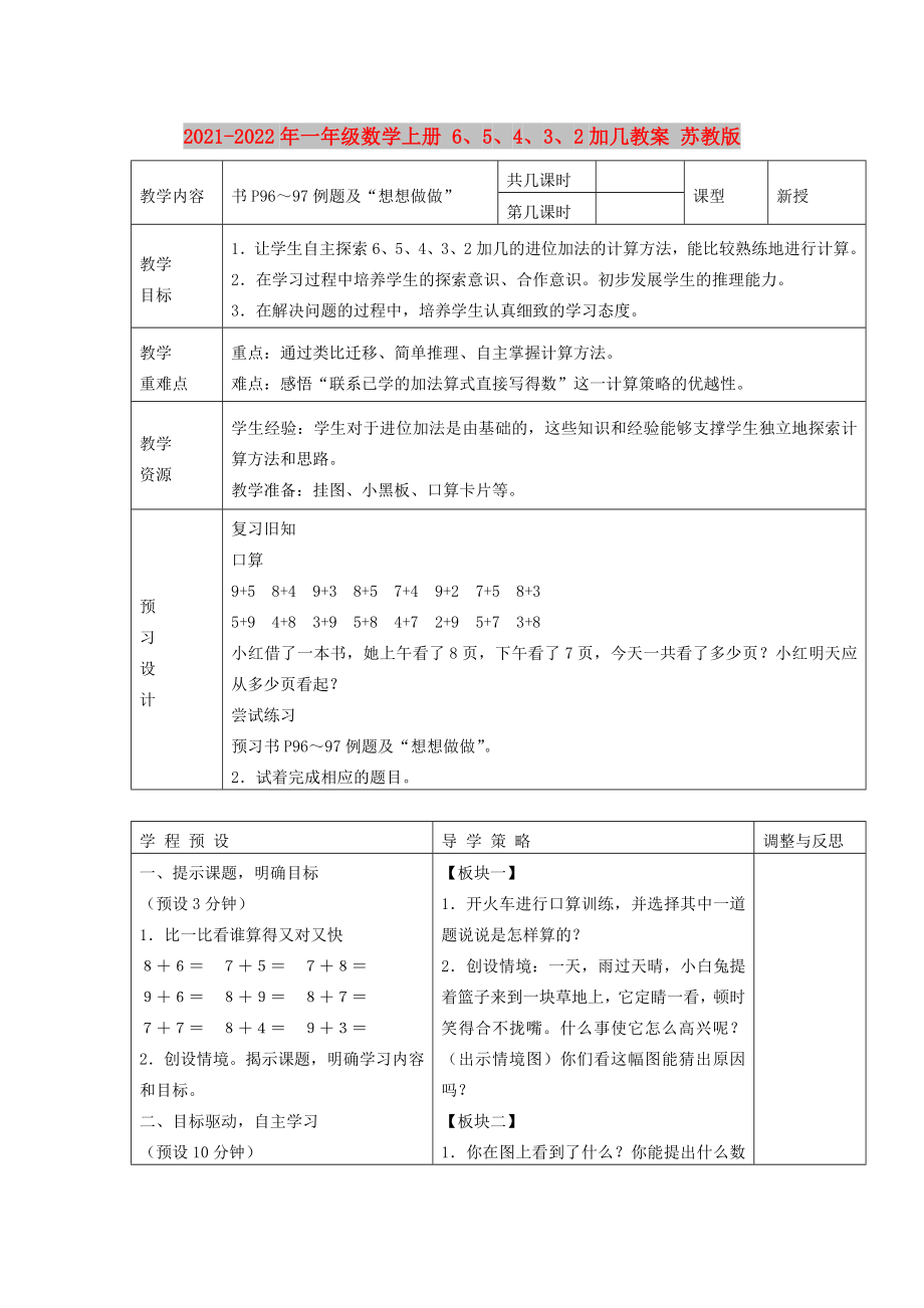 2021-2022年一年級(jí)數(shù)學(xué)上冊(cè) 6、5、4、3、2加幾教案 蘇教版_第1頁(yè)