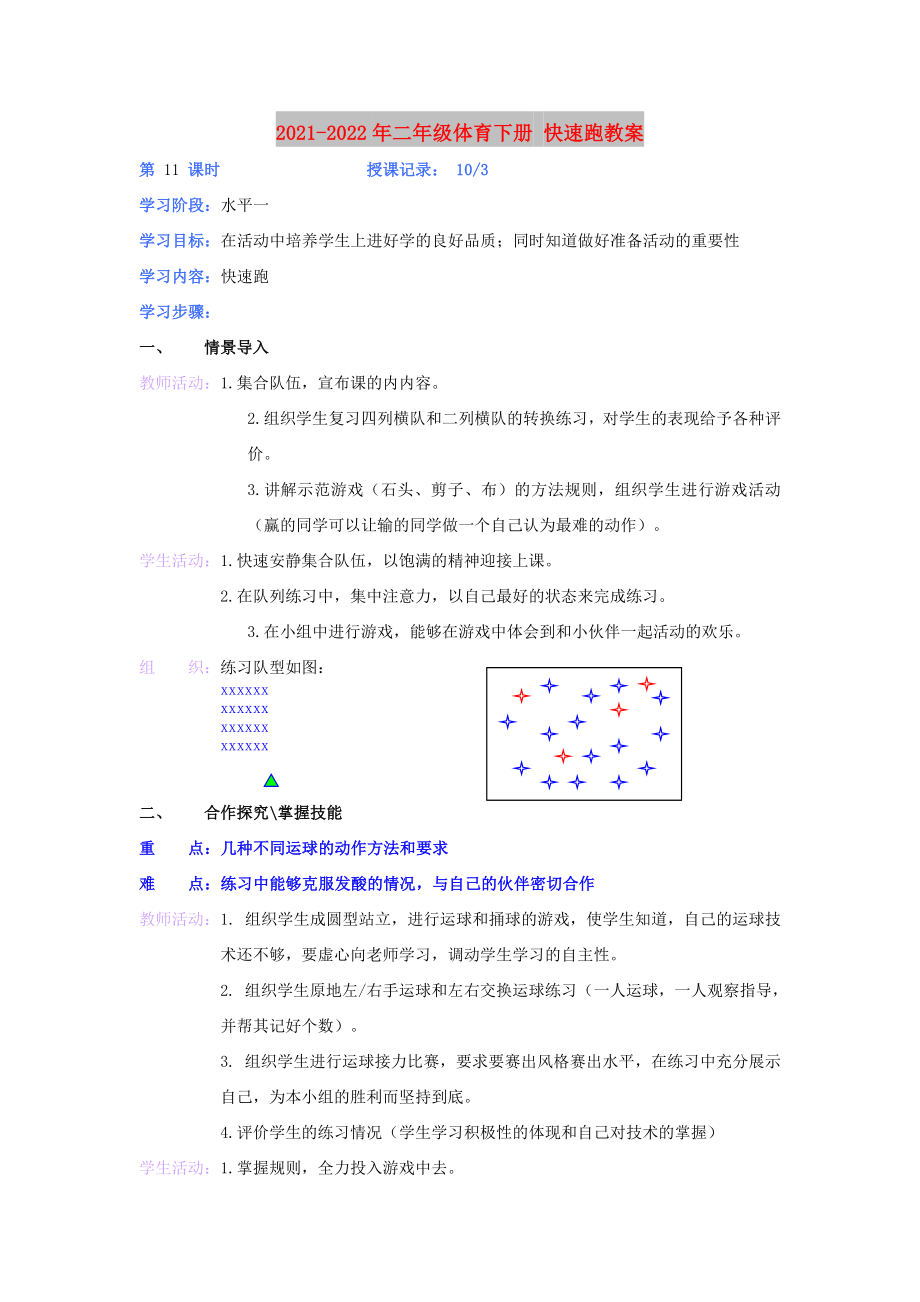 2021-2022年二年級體育下冊 快速跑教案_第1頁