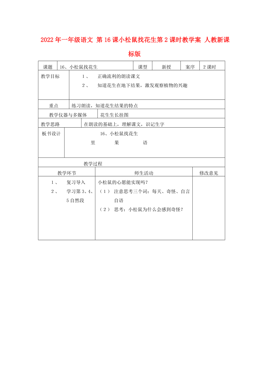 2022年一年級語文 第16課小松鼠找花生第2課時教學(xué)案 人教新課標(biāo)版_第1頁