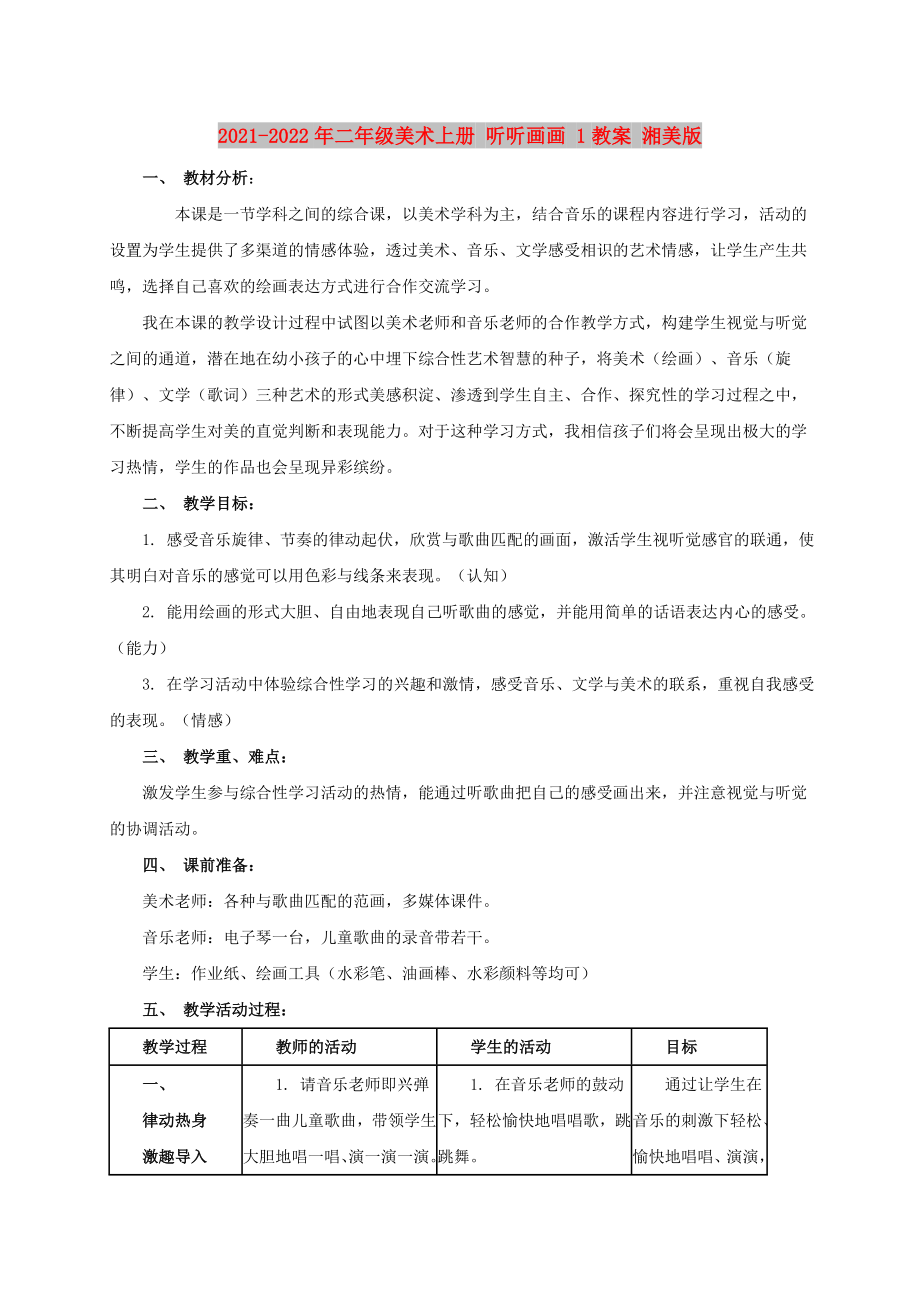 2021-2022年二年級(jí)美術(shù)上冊(cè) 聽聽畫畫 1教案 湘美版_第1頁