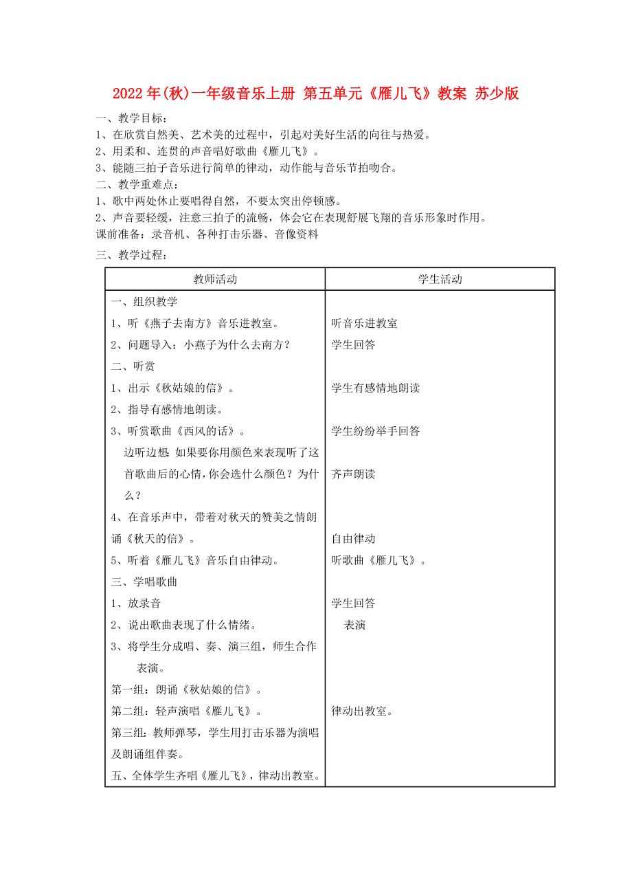 2022年(秋)一年級(jí)音樂上冊(cè) 第五單元《雁兒飛》教案 蘇少版_第1頁