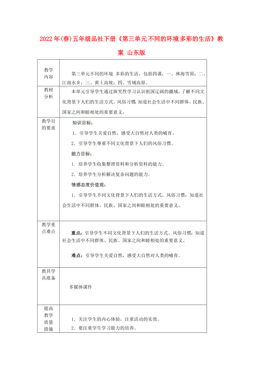 2022年(春)五年級品社下冊《第三單元 不同的環(huán)境 多彩的生活》教案 山東版_第1頁