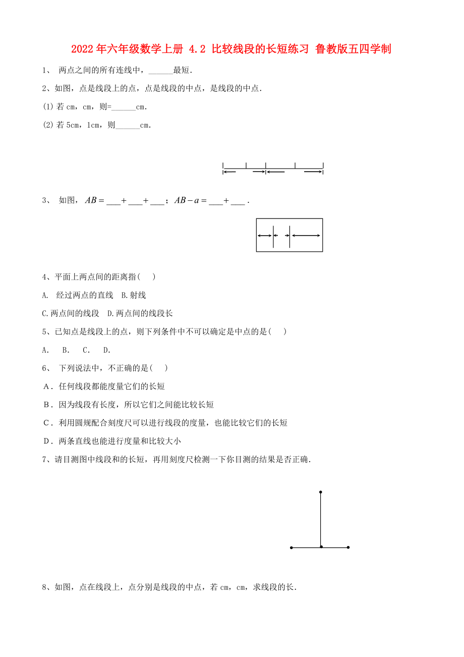 2022年六年級(jí)數(shù)學(xué)上冊(cè) 4.2 比較線(xiàn)段的長(zhǎng)短練習(xí) 魯教版五四學(xué)制_第1頁(yè)