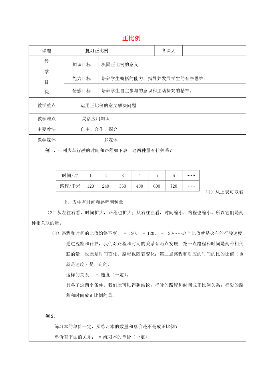 2022學(xué)年六年級(jí)數(shù)學(xué)上冊(cè) 6.2 正比例和反比例的意義 正比例復(fù)習(xí)教案 新人教版五四制_第1頁