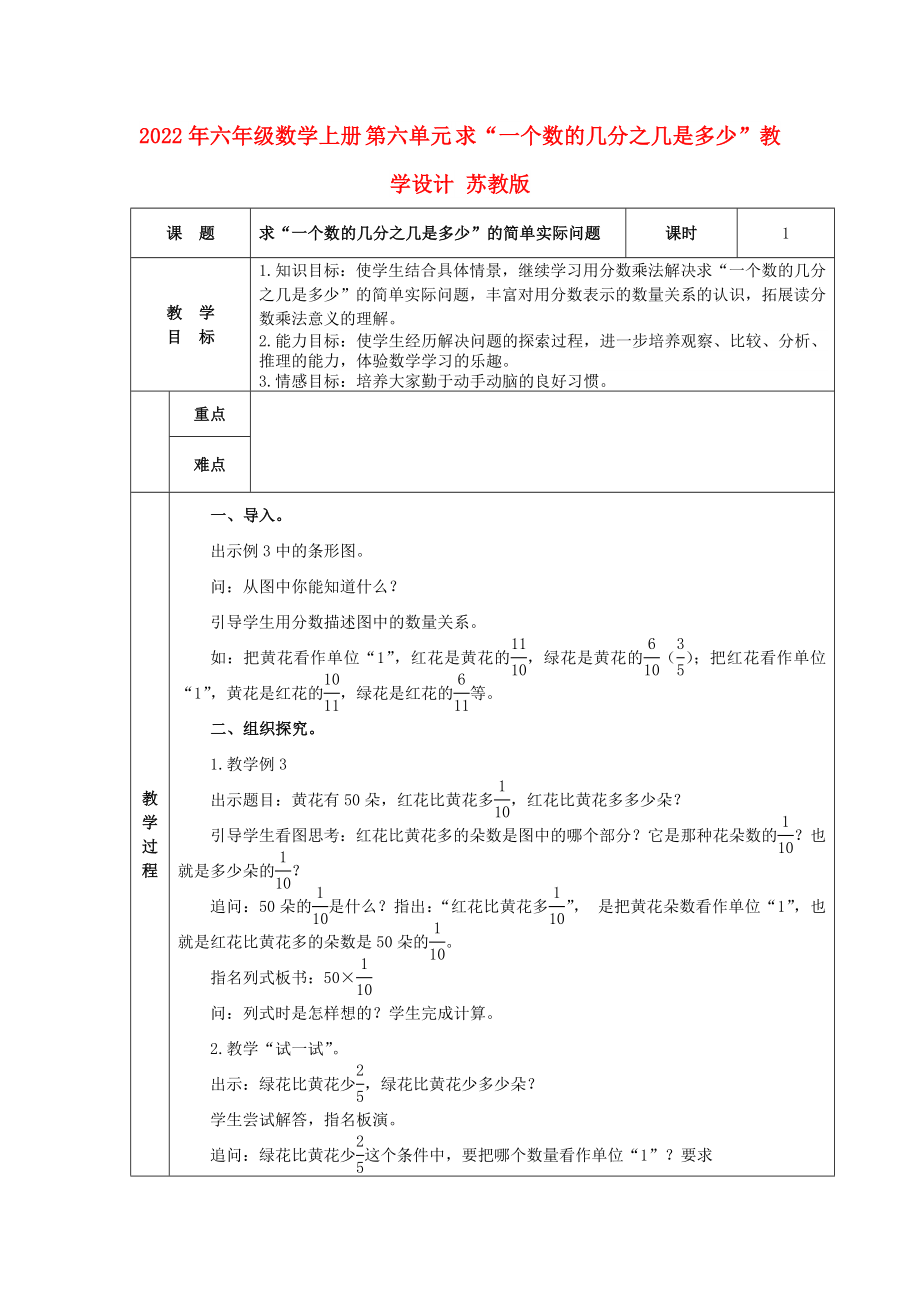 2022年六年級(jí)數(shù)學(xué)上冊 第六單元 求“一個(gè)數(shù)的幾分之幾是多少”教學(xué)設(shè)計(jì) 蘇教版_第1頁