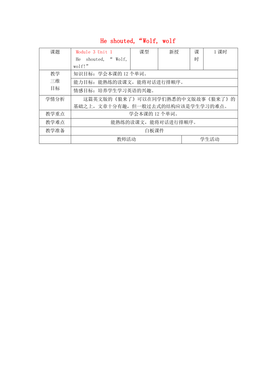 2022春四年級(jí)英語(yǔ)下冊(cè) Module 3 Unit 1《He shouted“ Wolfwolf”》教案 外研版_第1頁(yè)