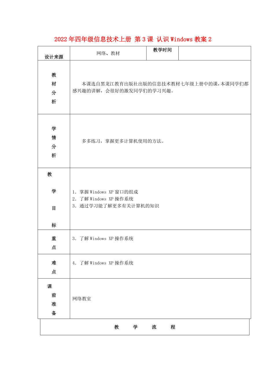 2022年四年級信息技術(shù)上冊 第3課 認識Windows教案2_第1頁