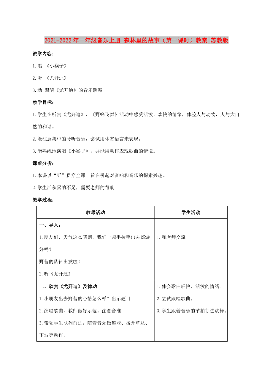 2021-2022年一年级音乐上册 森林里的故事（第一课时）教案 苏教版_第1页