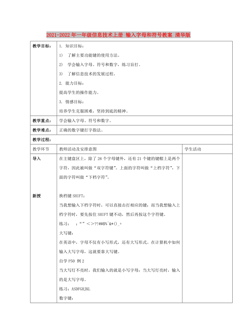 2021-2022年一年級(jí)信息技術(shù)上冊(cè) 輸入字母和符號(hào)教案 清華版_第1頁(yè)