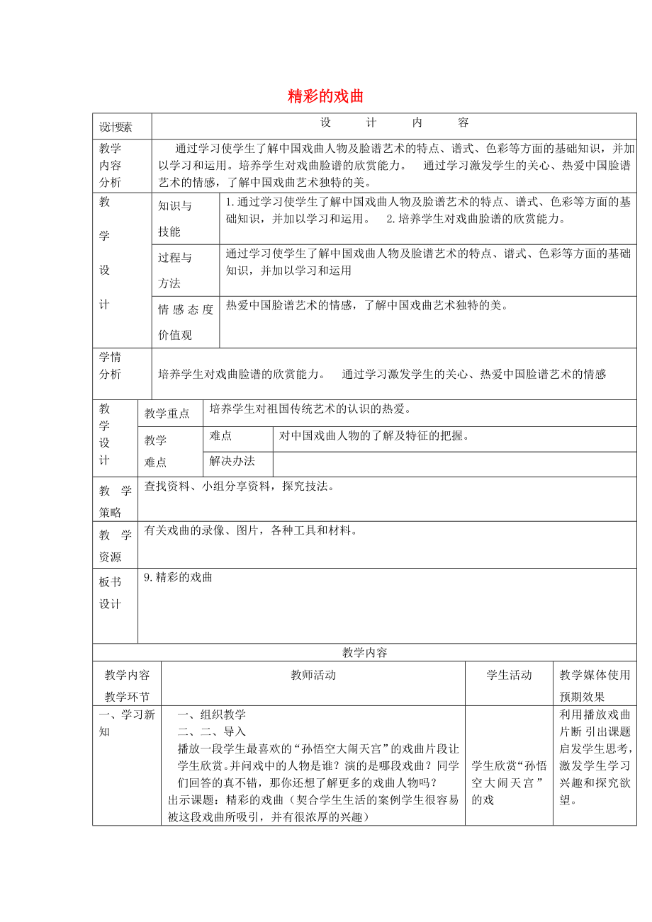 2022春六年級美術(shù)下冊 第9課《精彩的戲曲》教案 人美版_第1頁