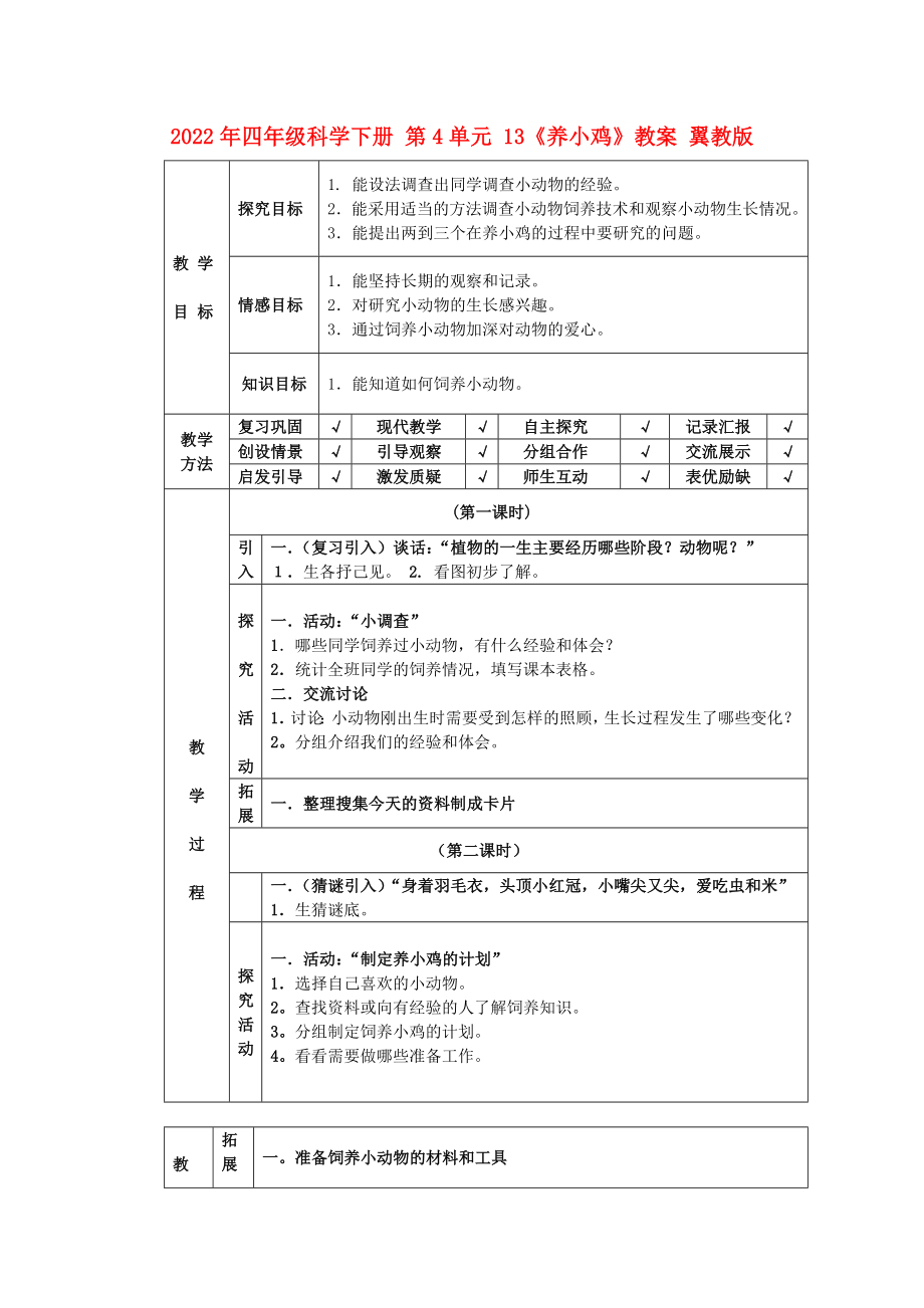 2022年四年级科学下册 第4单元 13《养小鸡》教案 翼教版_第1页