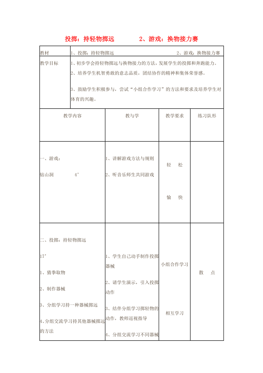 一年级体育下册 投掷：持轻物掷远教案_第1页