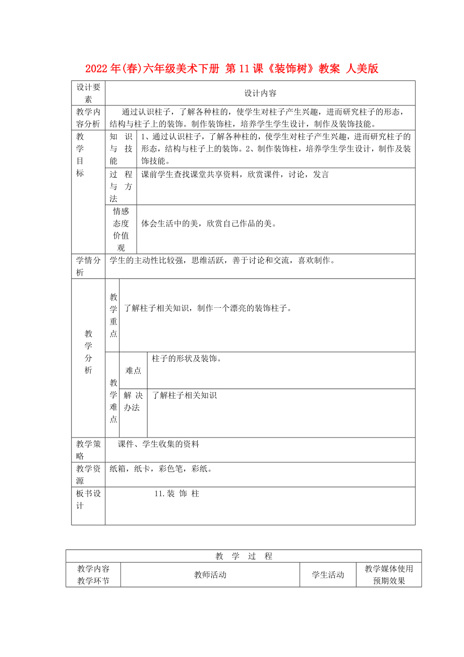 2022年(春)六年級(jí)美術(shù)下冊(cè) 第11課《裝飾樹》教案 人美版_第1頁