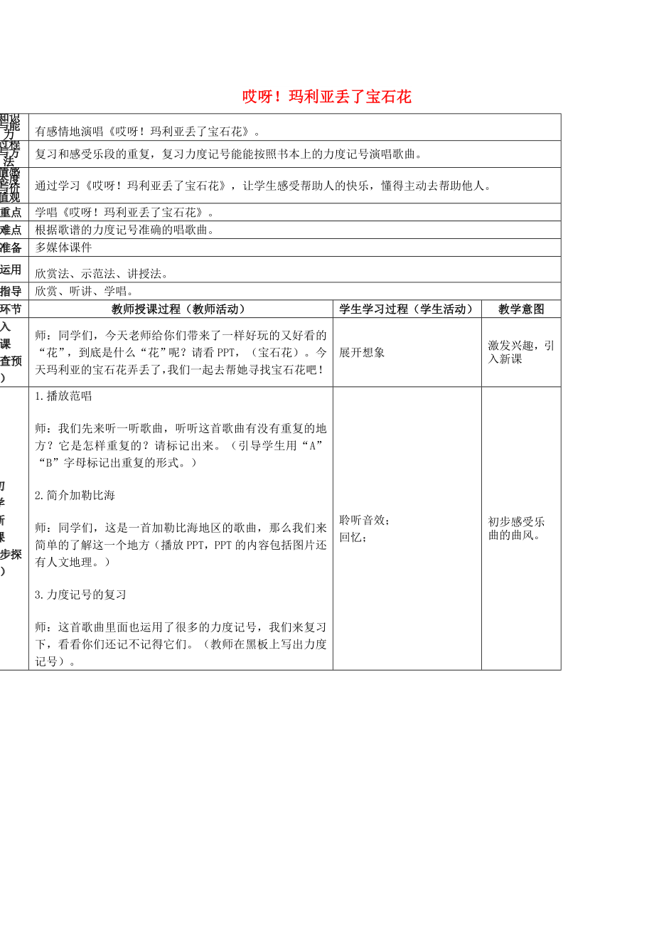 2022春二年級音樂下冊 第10課《哎呀!瑪利亞丟了寶石花》（第1課時）教案 花城版_第1頁