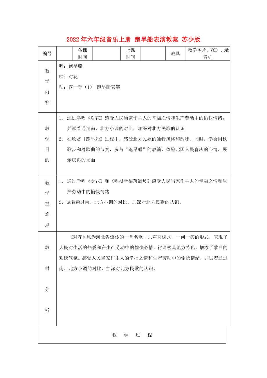 2022年六年級音樂上冊 跑旱船表演教案 蘇少版_第1頁