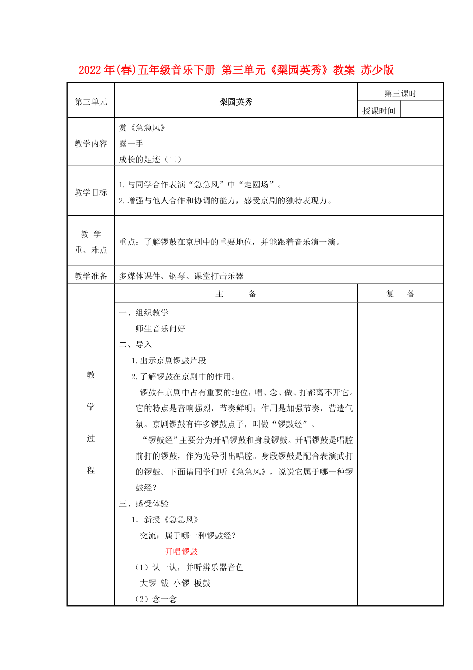 2022年(春)五年級(jí)音樂(lè)下冊(cè) 第三單元《梨園英秀》教案 蘇少版_第1頁(yè)