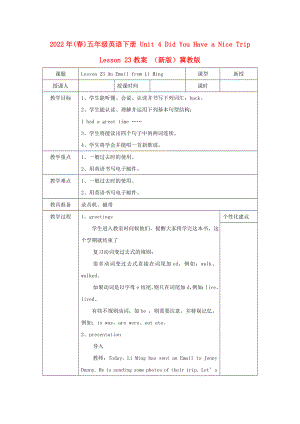 2022年(春)五年級英語下冊 Unit 4 Did You Have a Nice Trip Lesson 23教案 （新版）冀教版