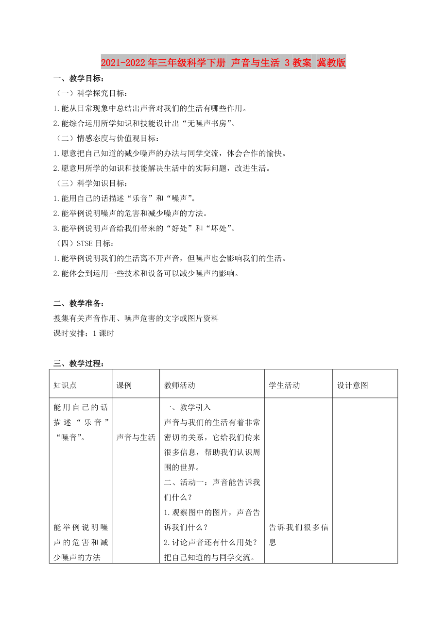 2021-2022年三年級(jí)科學(xué)下冊 聲音與生活 3教案 冀教版_第1頁