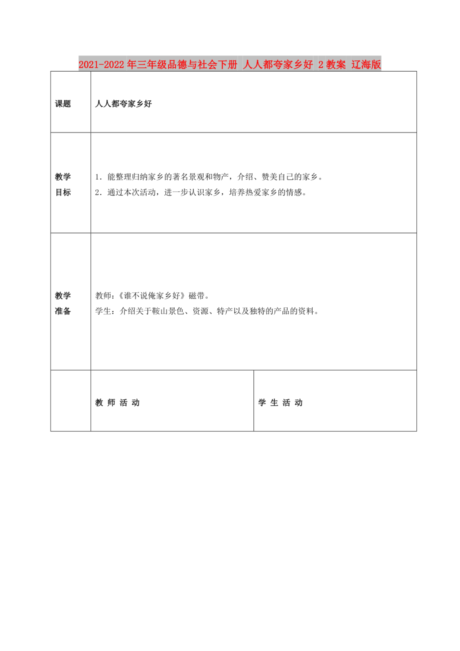 2021-2022年三年級(jí)品德與社會(huì)下冊(cè) 人人都夸家鄉(xiāng)好 2教案 遼海版_第1頁