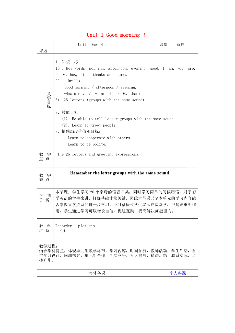 2022年秋六年級(jí)英語(yǔ)上冊(cè) Unit 1 Good morning（第4課時(shí)）教案 魯教版五四制_第1頁(yè)