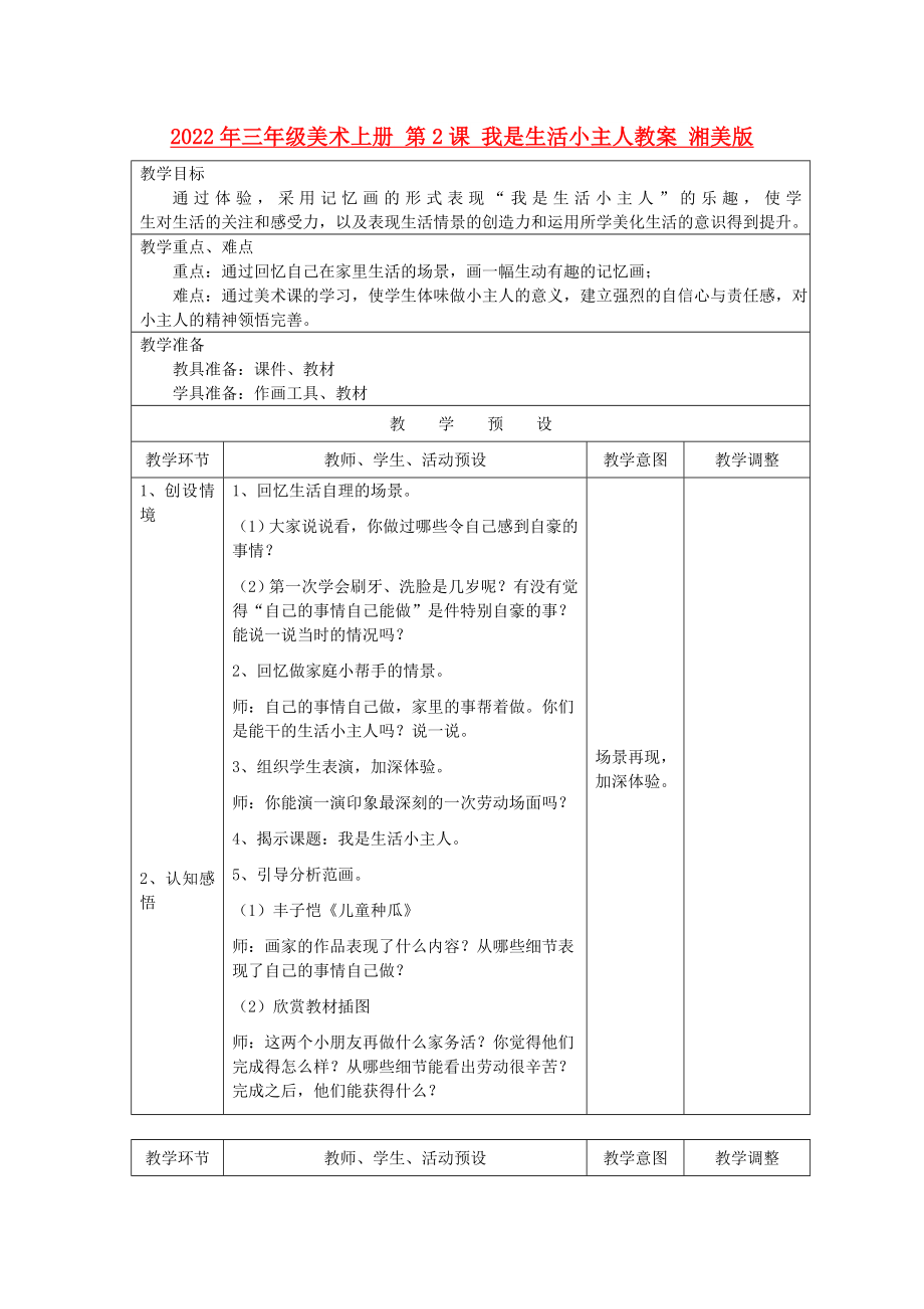 2022年三年級(jí)美術(shù)上冊(cè) 第2課 我是生活小主人教案 湘美版_第1頁