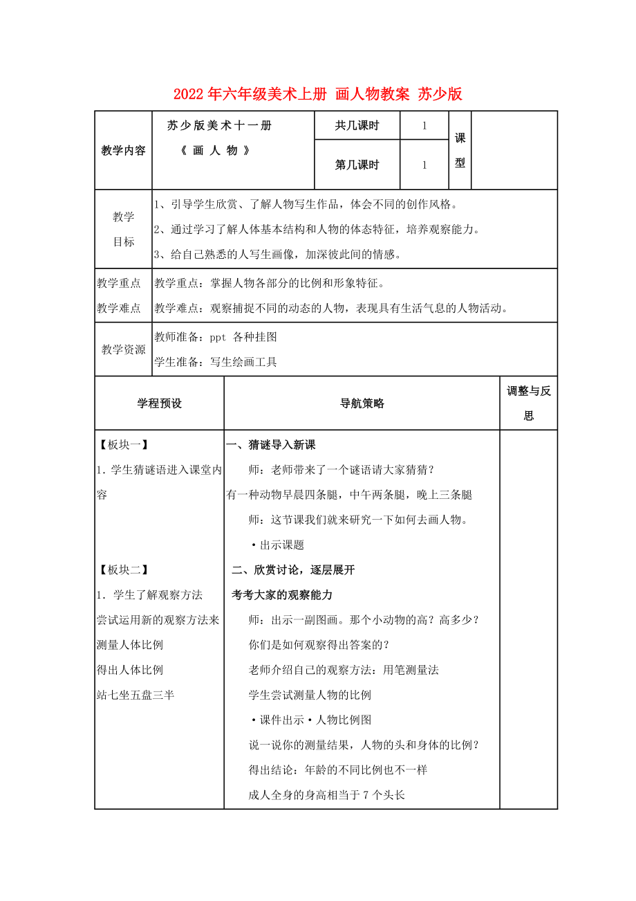 2022年六年級美術上冊 畫人物教案 蘇少版_第1頁