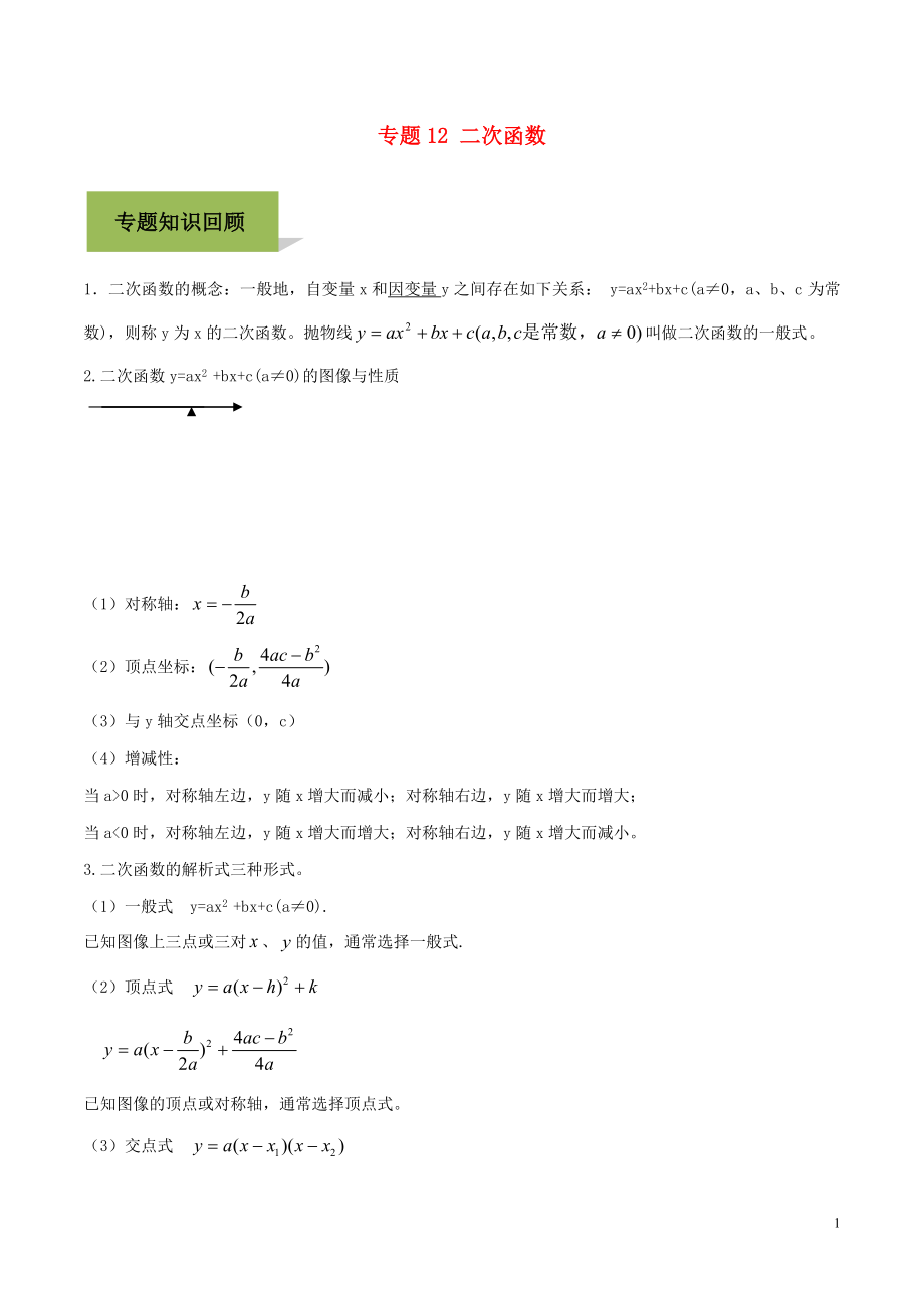 2020年中考數學必考考點 專題12 二次函數（含解析）_第1頁