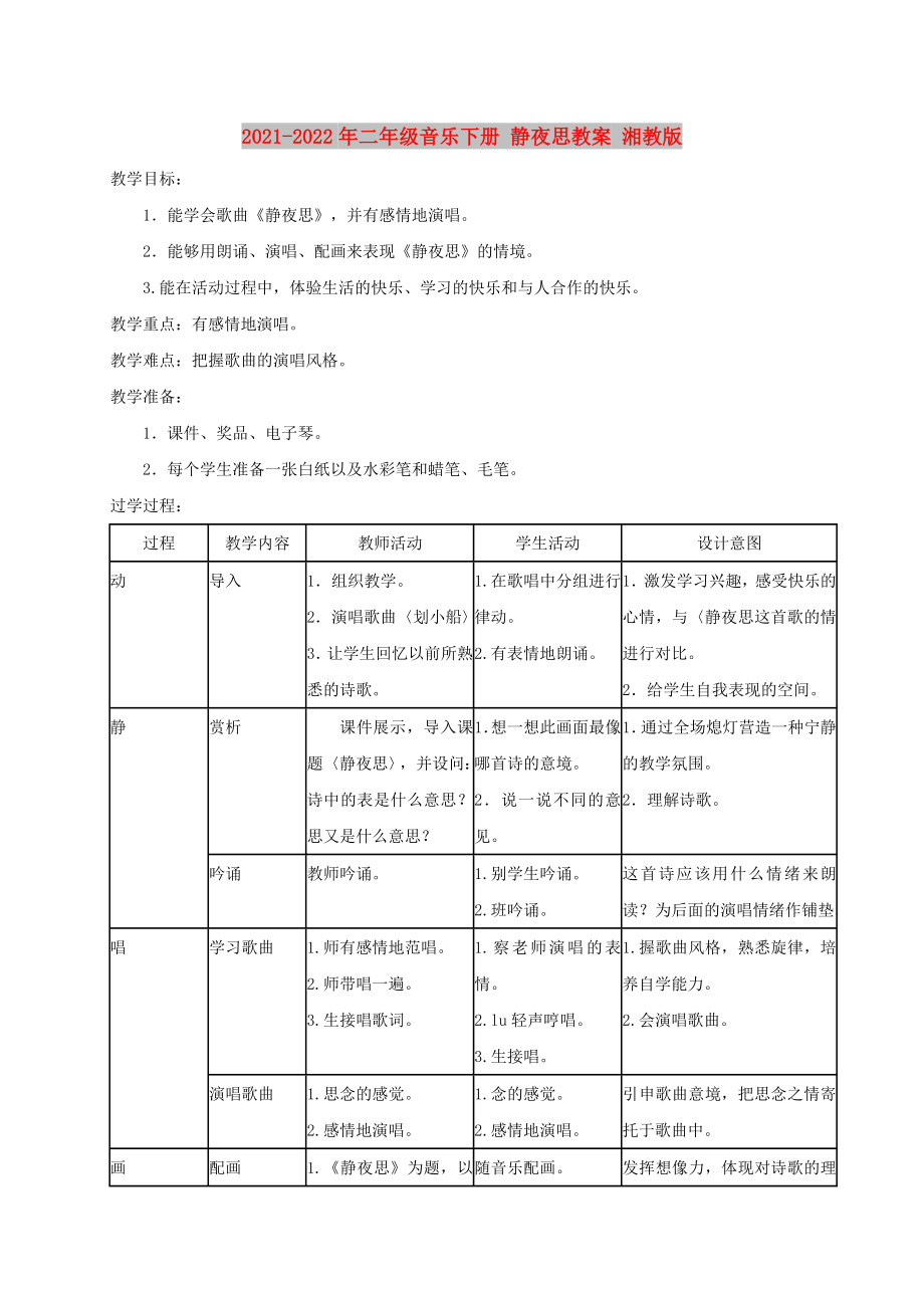 2021-2022年二年級音樂下冊 靜夜思教案 湘教版_第1頁