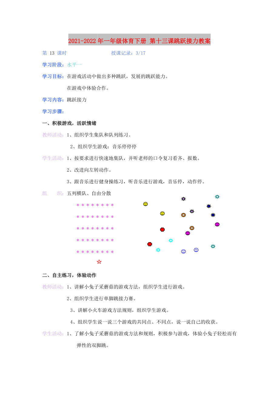 2021-2022年一年級體育下冊 第十三課跳躍接力教案_第1頁