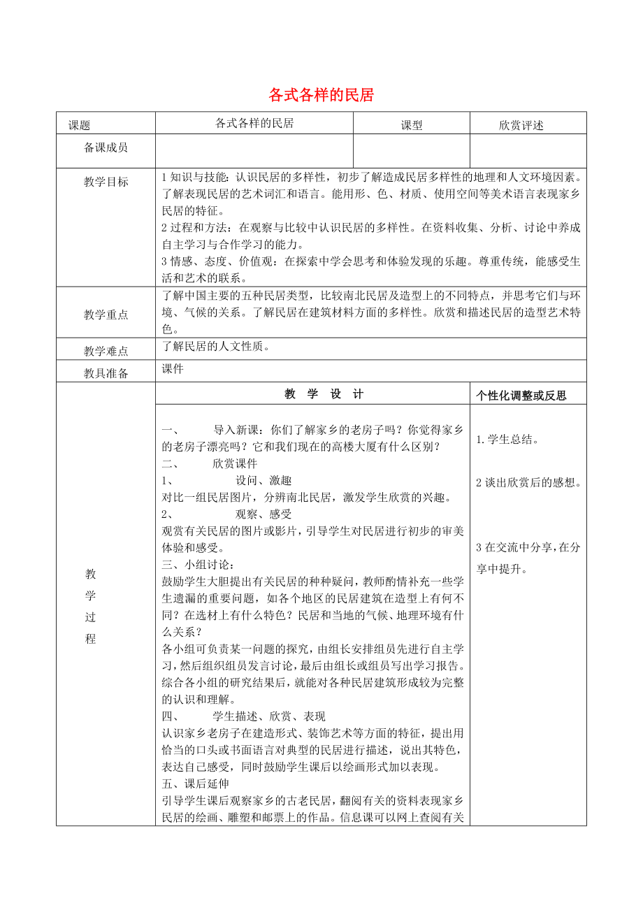 三年級美術(shù)上冊 第1課 各式各樣的民居教案 嶺南版_第1頁