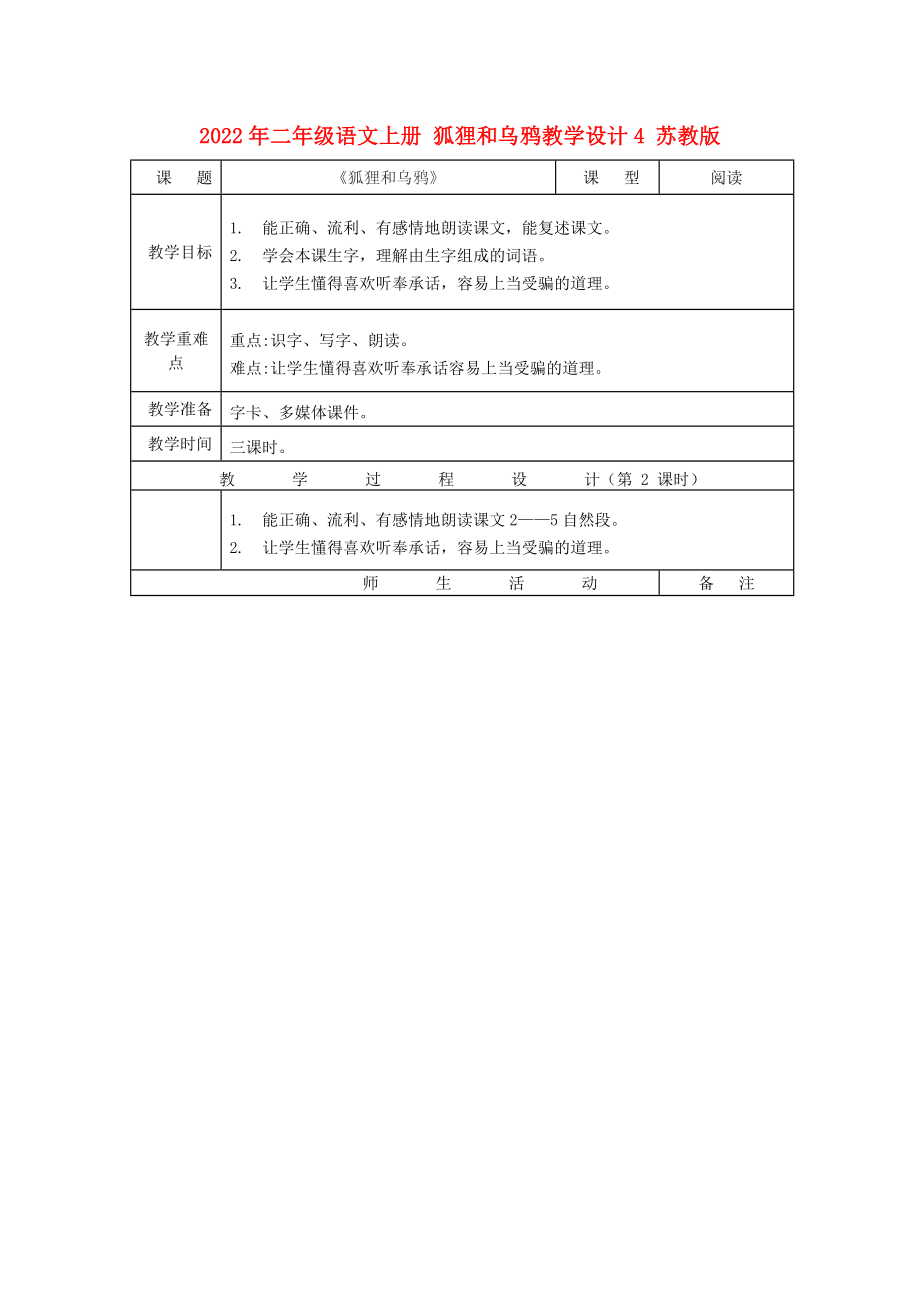 2022年二年級語文上冊 狐貍和烏鴉教學(xué)設(shè)計(jì)4 蘇教版_第1頁