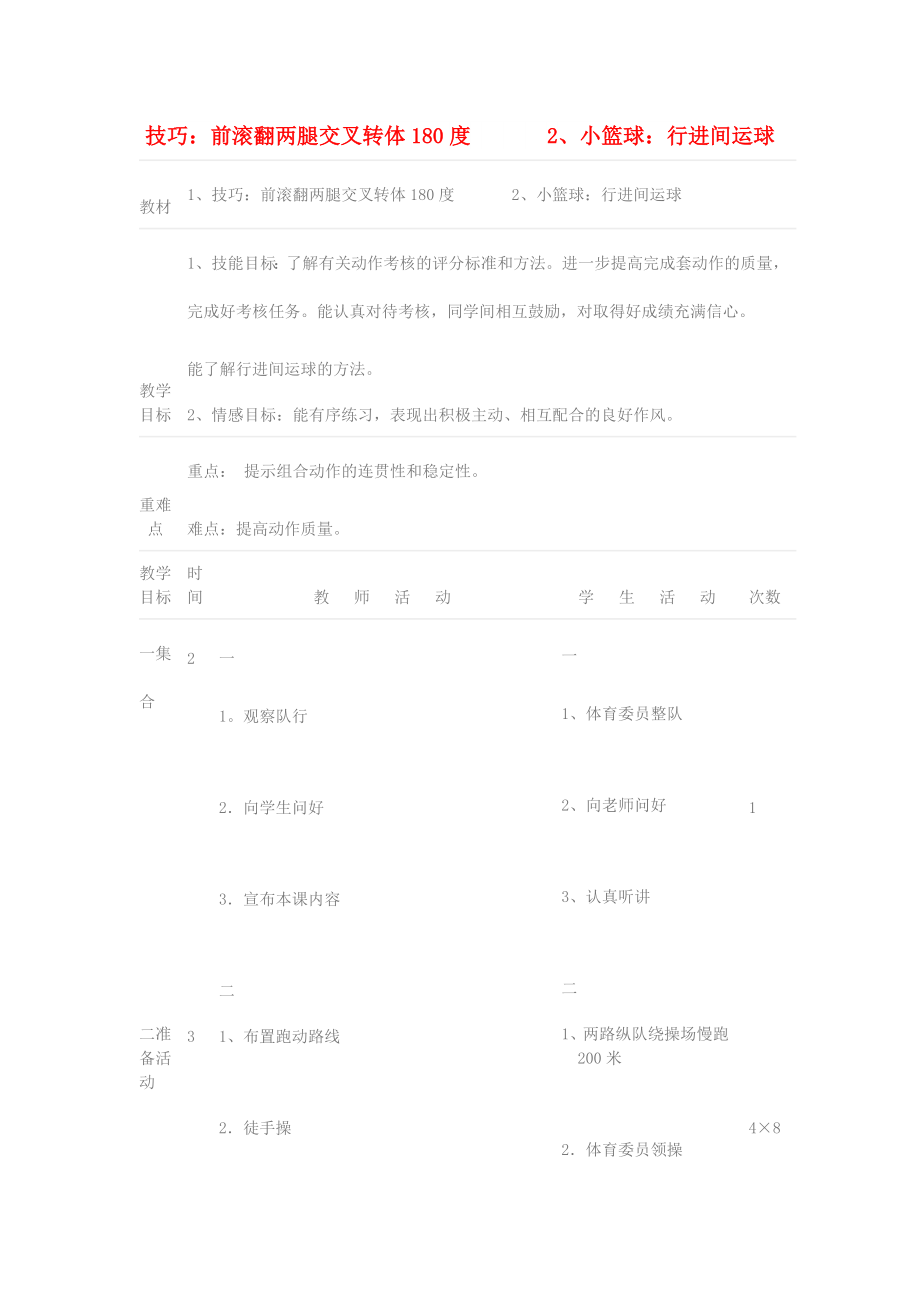 四年級(jí)體育下冊(cè) 技巧：前滾翻兩腿交叉轉(zhuǎn)體180度 小籃球：行進(jìn)間運(yùn)球教案_第1頁(yè)