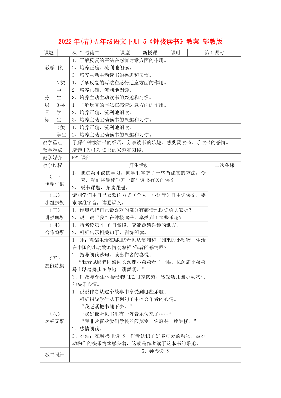 2022年(春)五年級(jí)語(yǔ)文下冊(cè) 5《鐘樓讀書》教案 鄂教版_第1頁(yè)