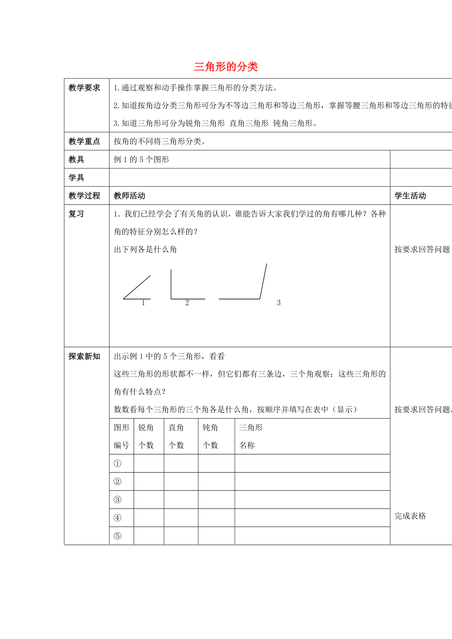 2022春四年級(jí)數(shù)學(xué)下冊(cè) 4.2《三角形的分類》教案3 （新版）西師大版_第1頁