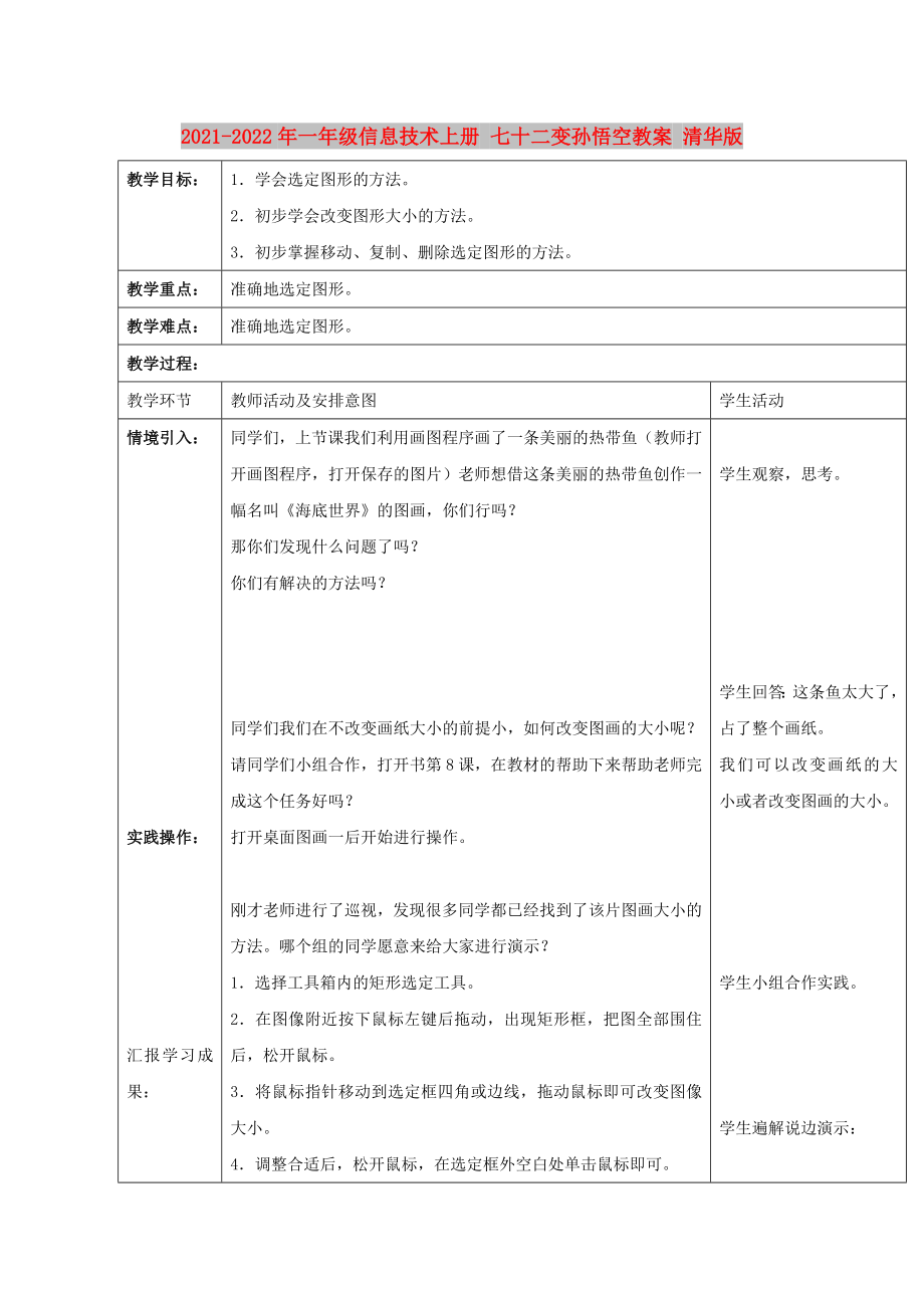 2021-2022年一年級信息技術上冊 七十二變孫悟空教案 清華版_第1頁