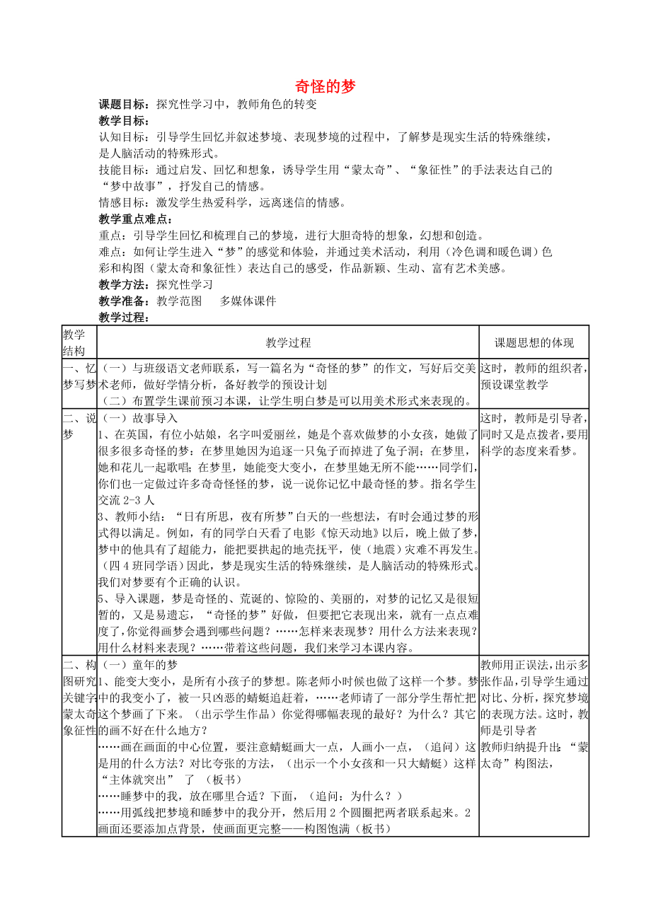 四年級美術(shù)上冊 奇怪的夢表格式教案 蘇少版_第1頁